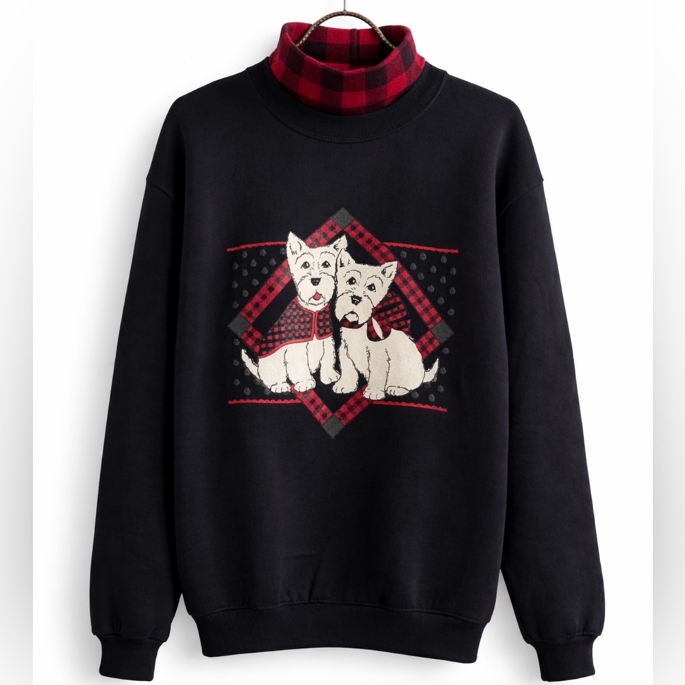 Vintage Gopher Sport Cozy Black Turtleneck Sweater with Dog Design size M 80s